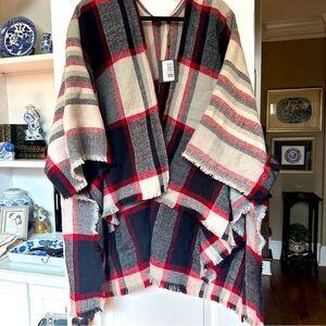 DO EVERYTHNG IN LOVE wrap around cape red/black/gray/white plaid, 100% acrylic